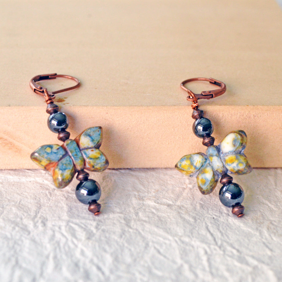 Blue Artistic Style shops Beaded Butterfly Earrings